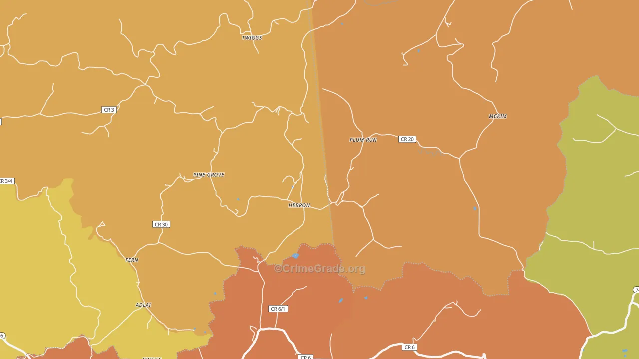 Hebron, WV Map of Robbery Rates