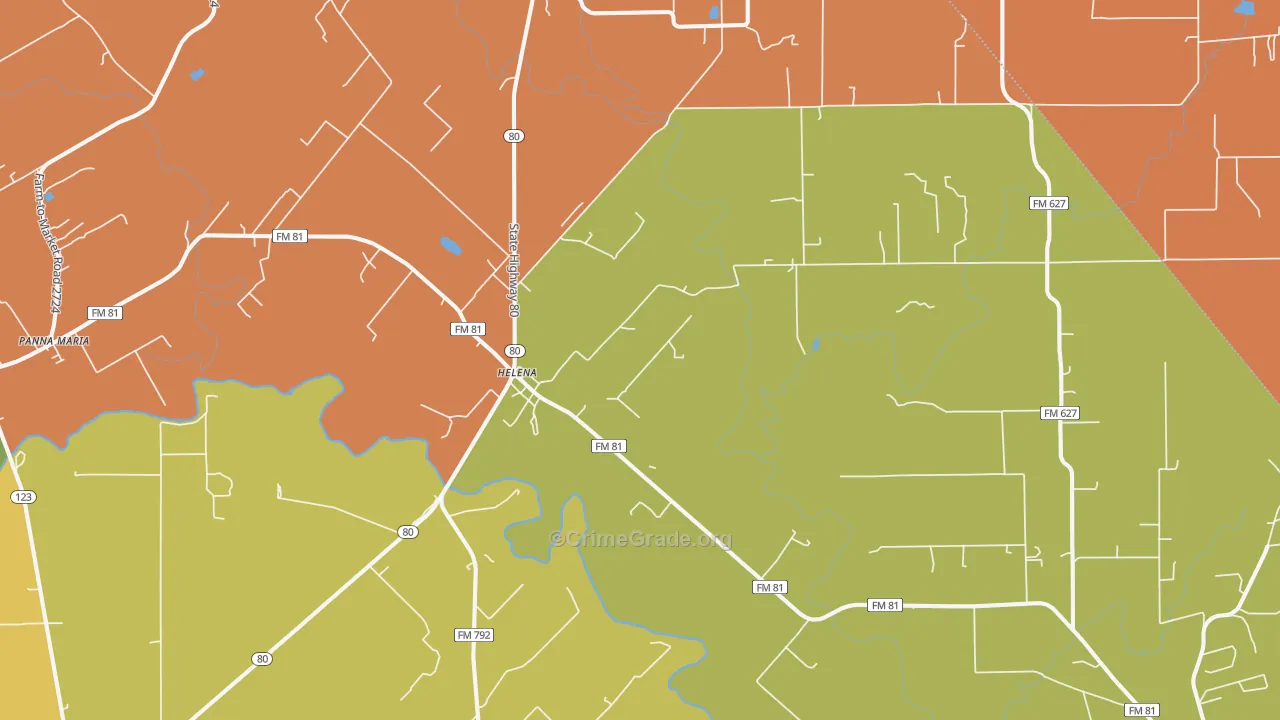 Helena, TX Map of Robbery Rates