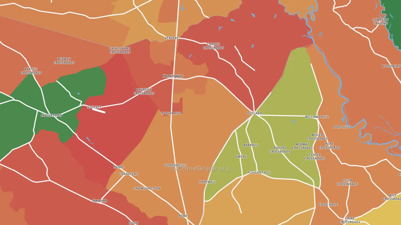 Hemingway, SC Map of Robbery Rates