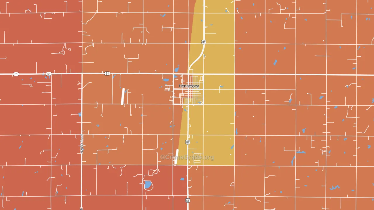 Hennessey, OK Map of Robbery Rates