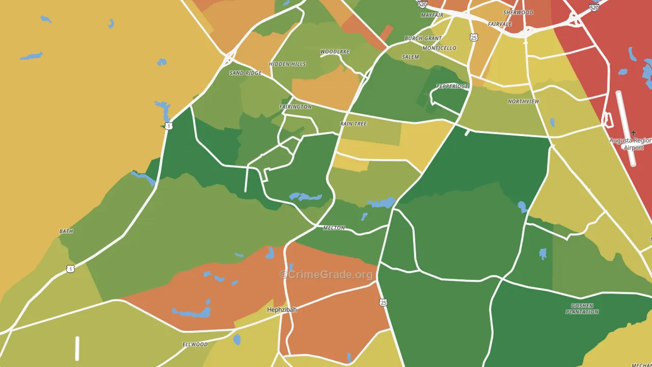 Hephzibah, GA Map of Robbery Rates