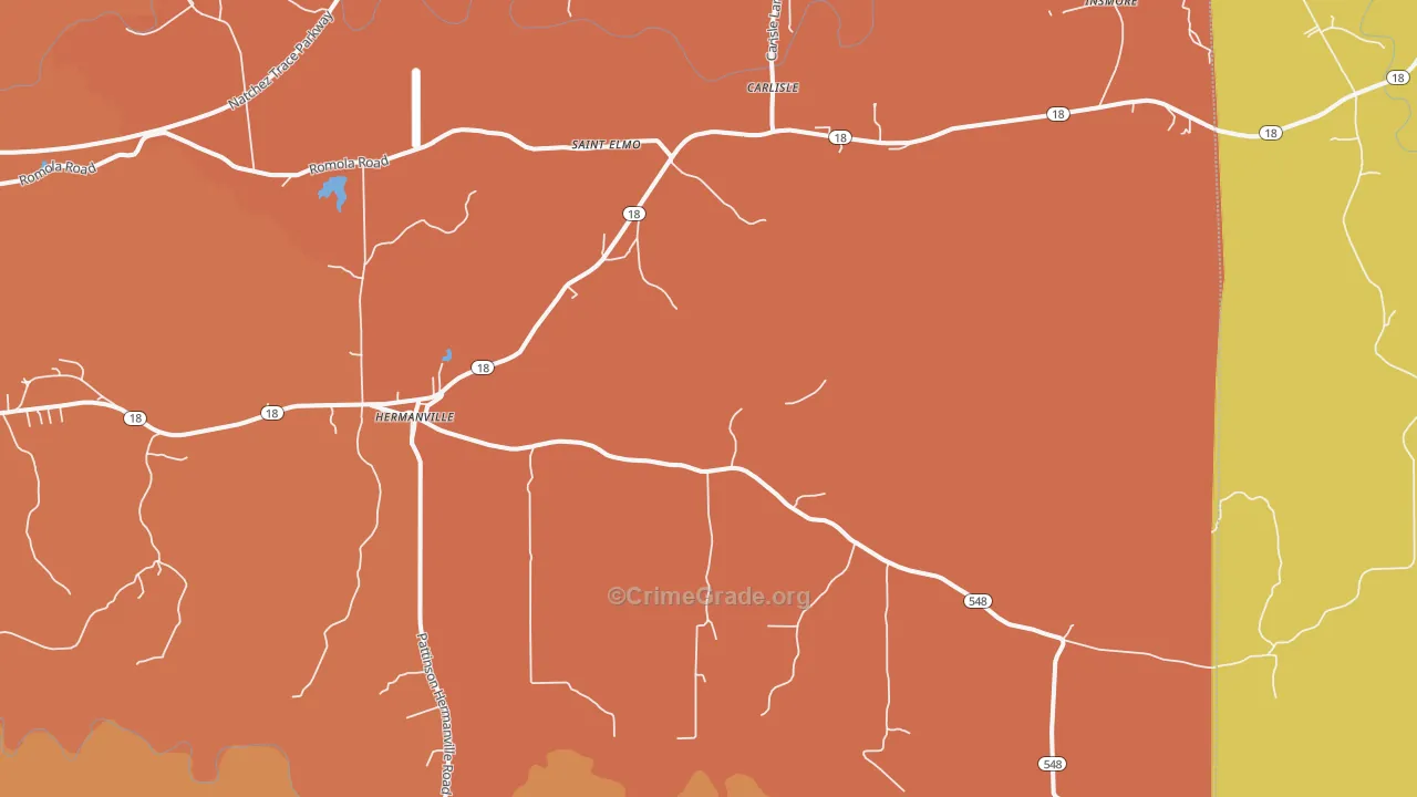 Hermanville, MS Map of Robbery Rates