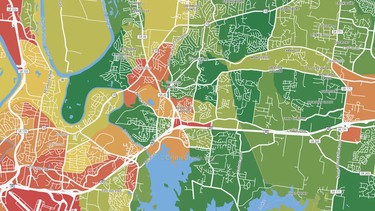Hermitage, TN Map of Robbery Rates