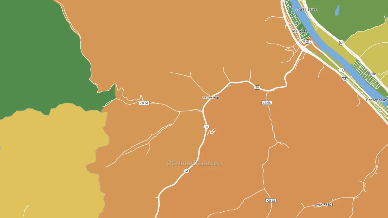 Hernshaw, WV Map of Robbery Rates
