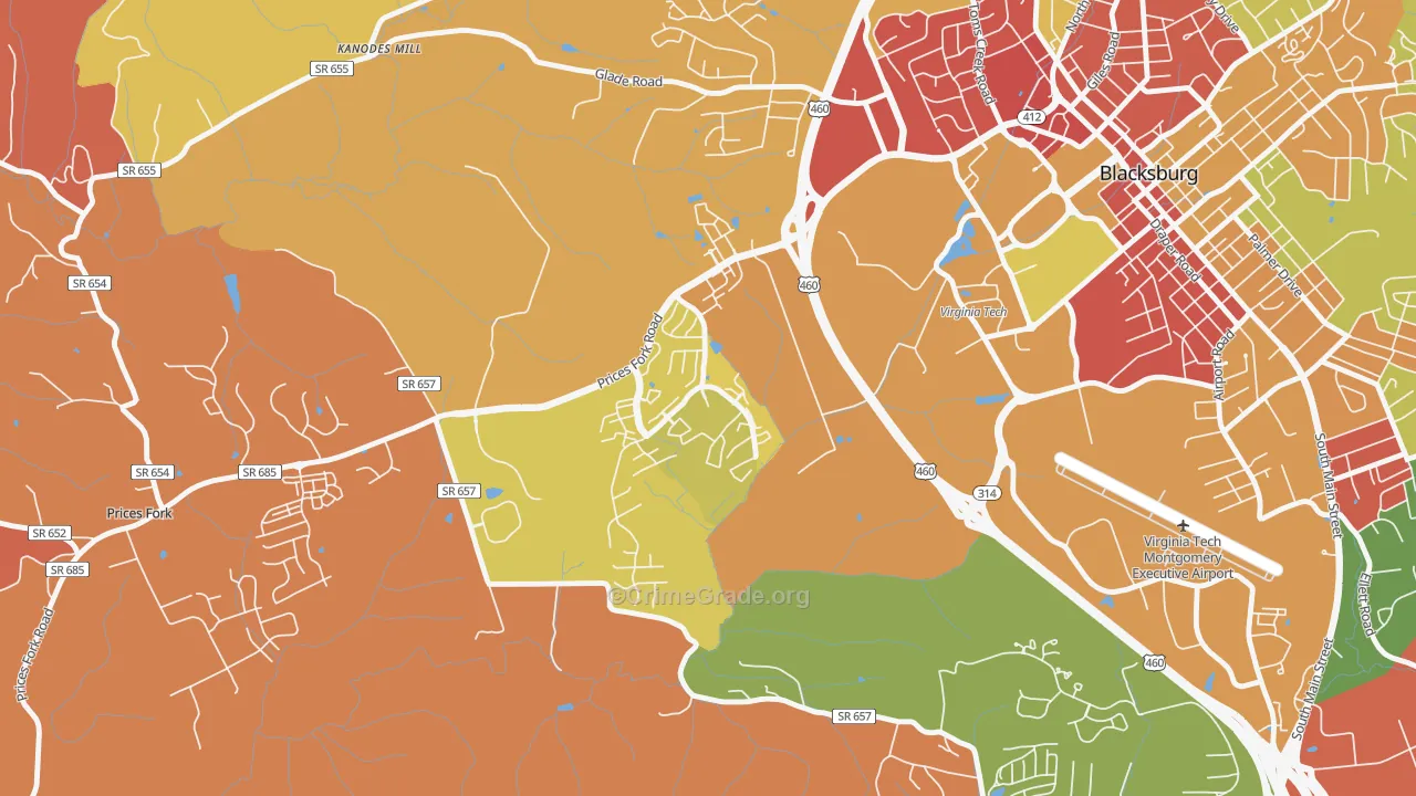 Hethwood-Prices Fork, Blacksburg, VA Map of Robbery Rates