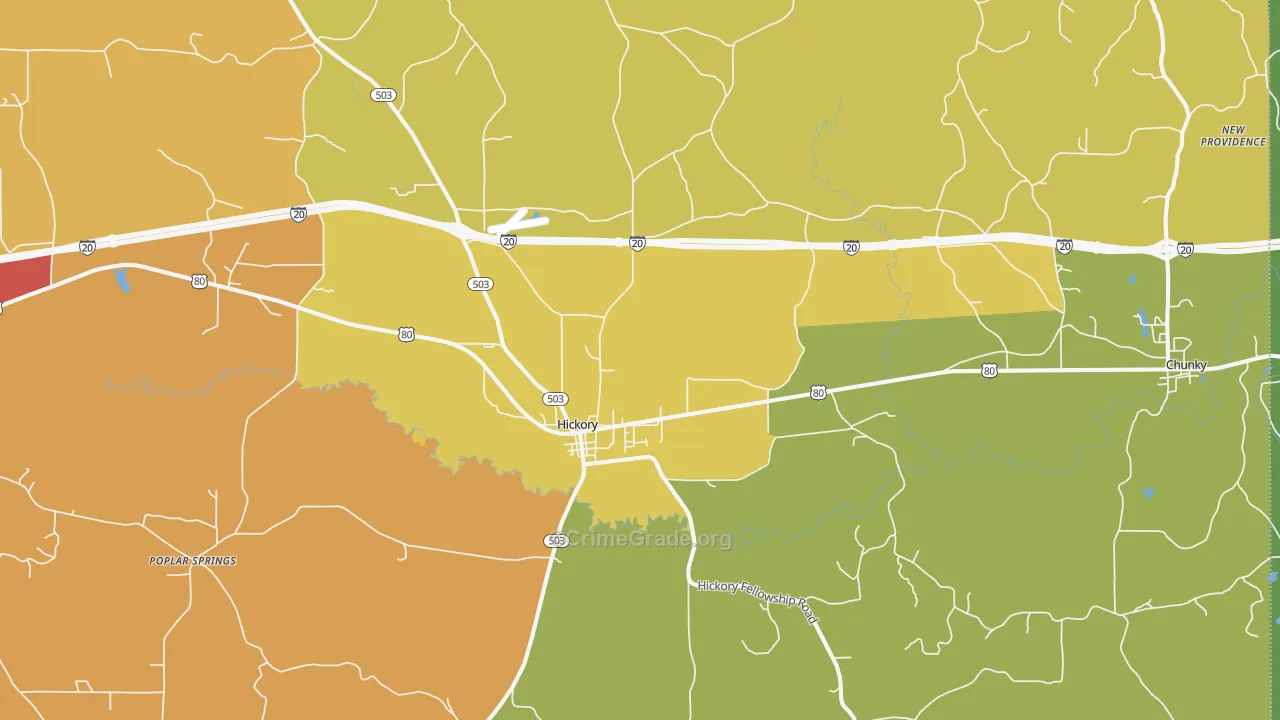 Hickory, MS Map of Robbery Rates