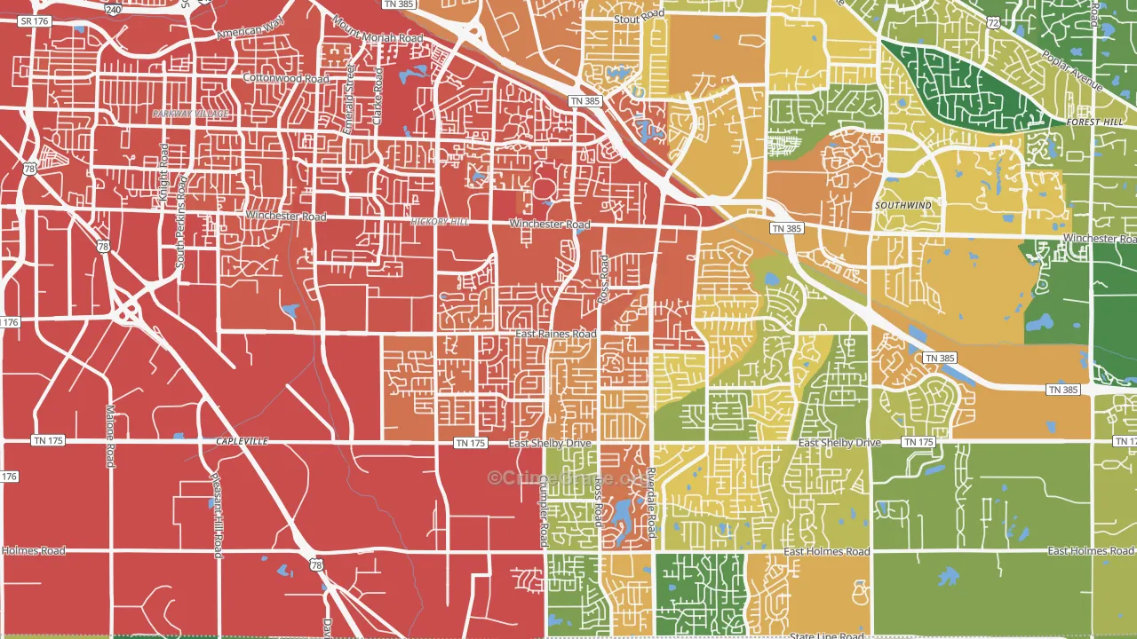 Hickory Ridge-South Riverdale, Memphis, TN Map of Robbery Rates
