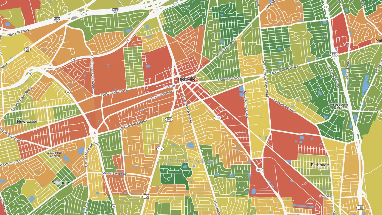 Hicksville, NY Map of Robbery Rates