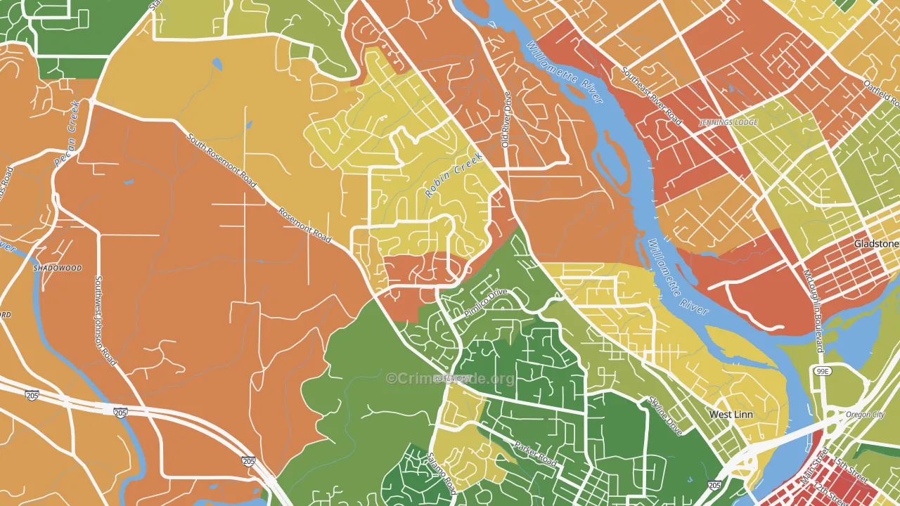 Hidden Springs, West Linn, OR Map of Robbery Rates