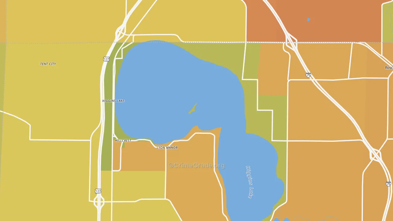 Higgins Lake, MI Map of Robbery Rates