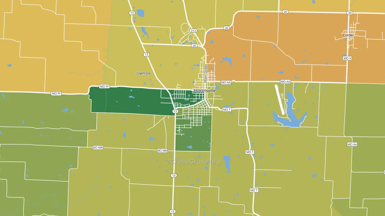 Higginsville, MO Map of Robbery Rates