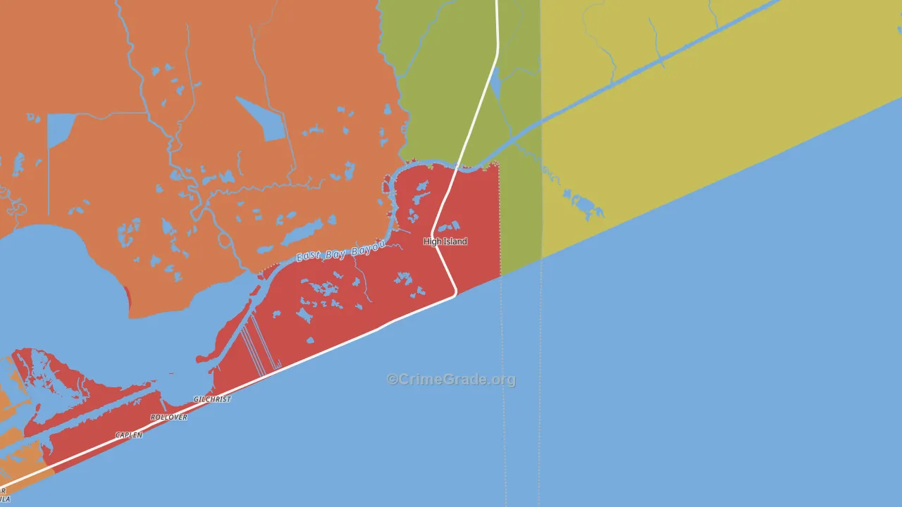 High Island, TX Map of Robbery Rates