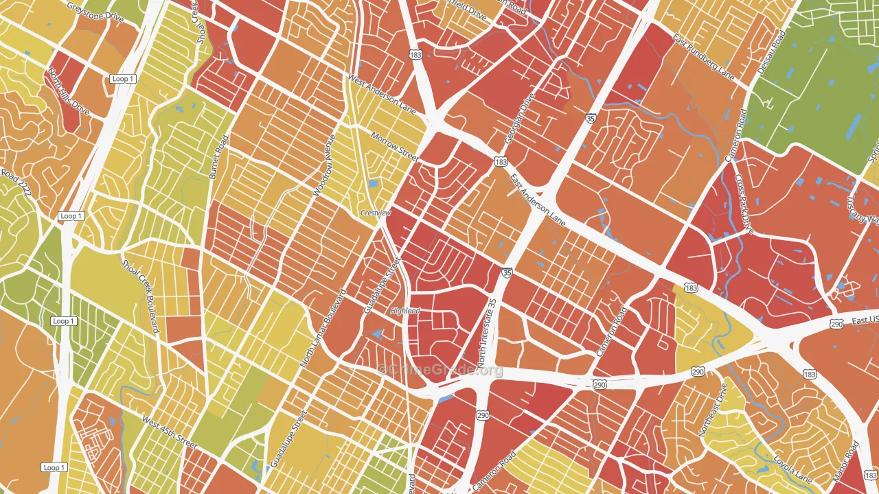 Highland, Austin, TX Map of Robbery Rates