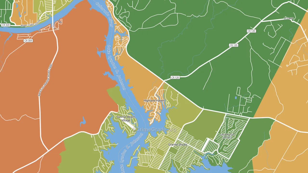 Highland Haven, TX Map of Robbery Rates