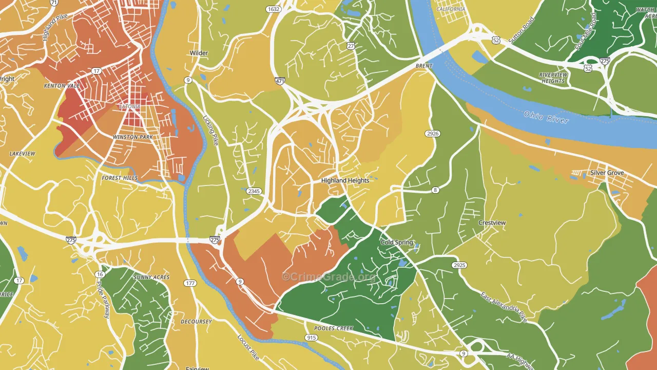 Highland Heights, KY Map of Robbery Rates