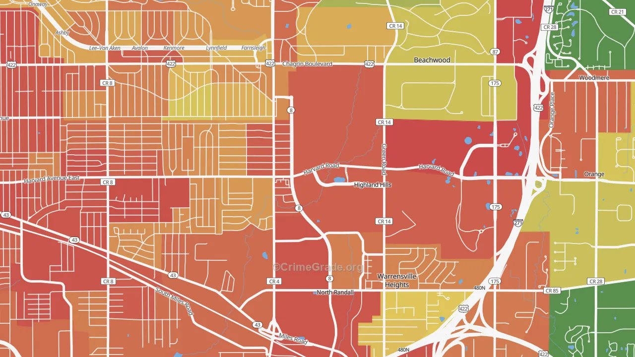 Highland Hills, OH Map of Robbery Rates