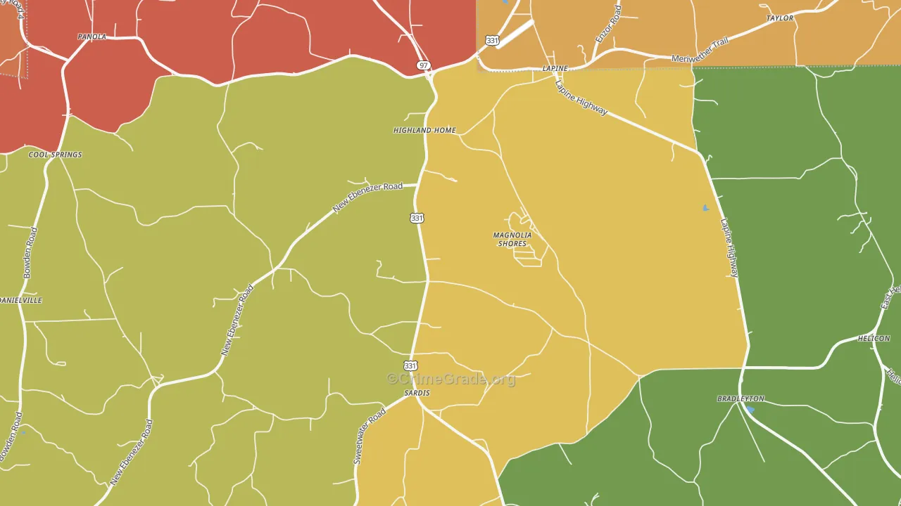 Highland Home, AL Map of Robbery Rates