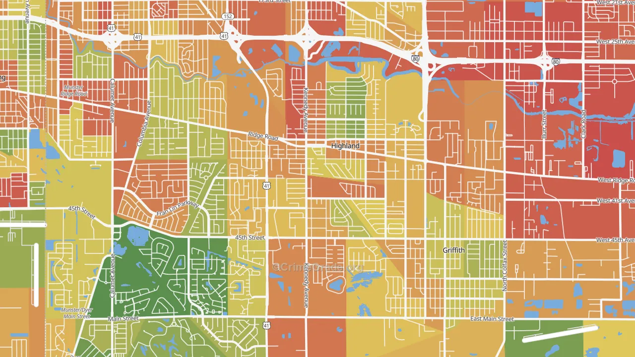 Highland, IN Map of Robbery Rates