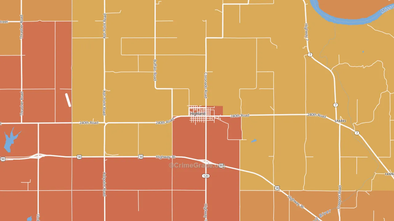 Highland, KS Map of Robbery Rates