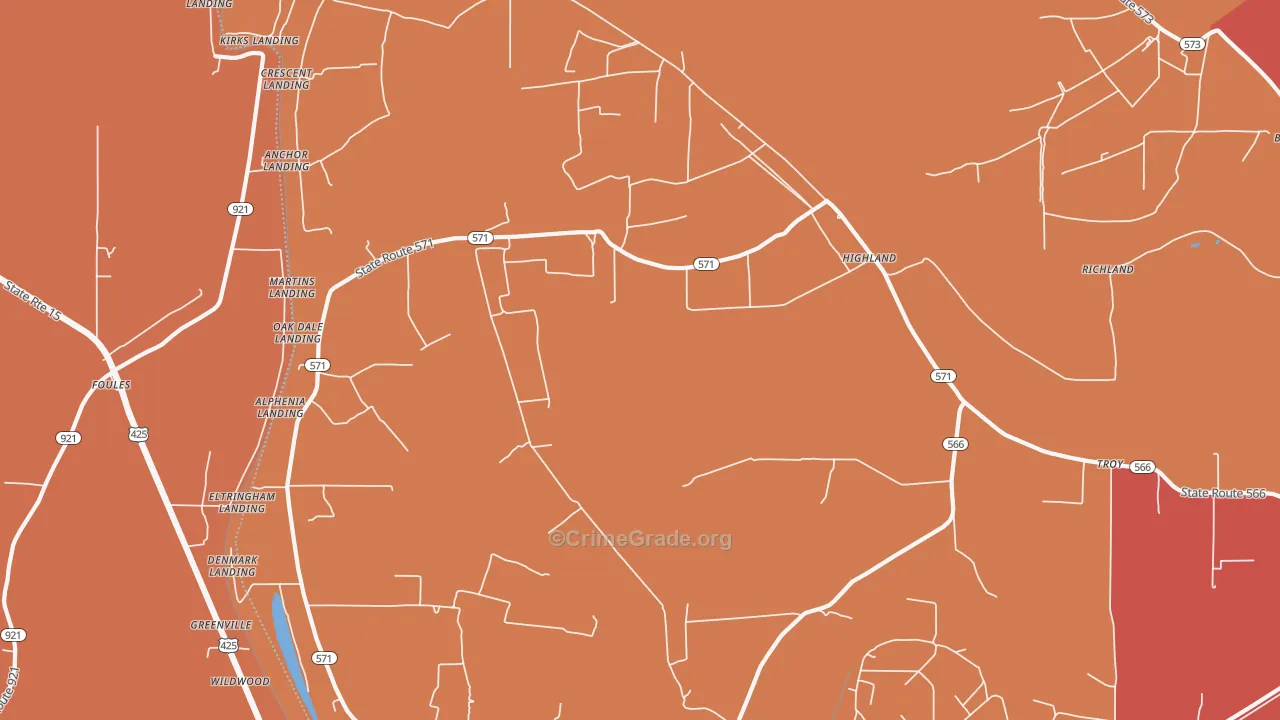 Highland, LA Map of Robbery Rates