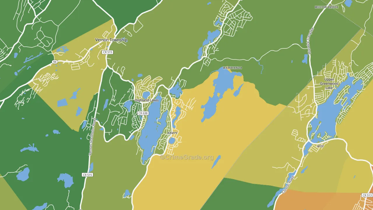 Highland Lakes, NJ Map of Robbery Rates