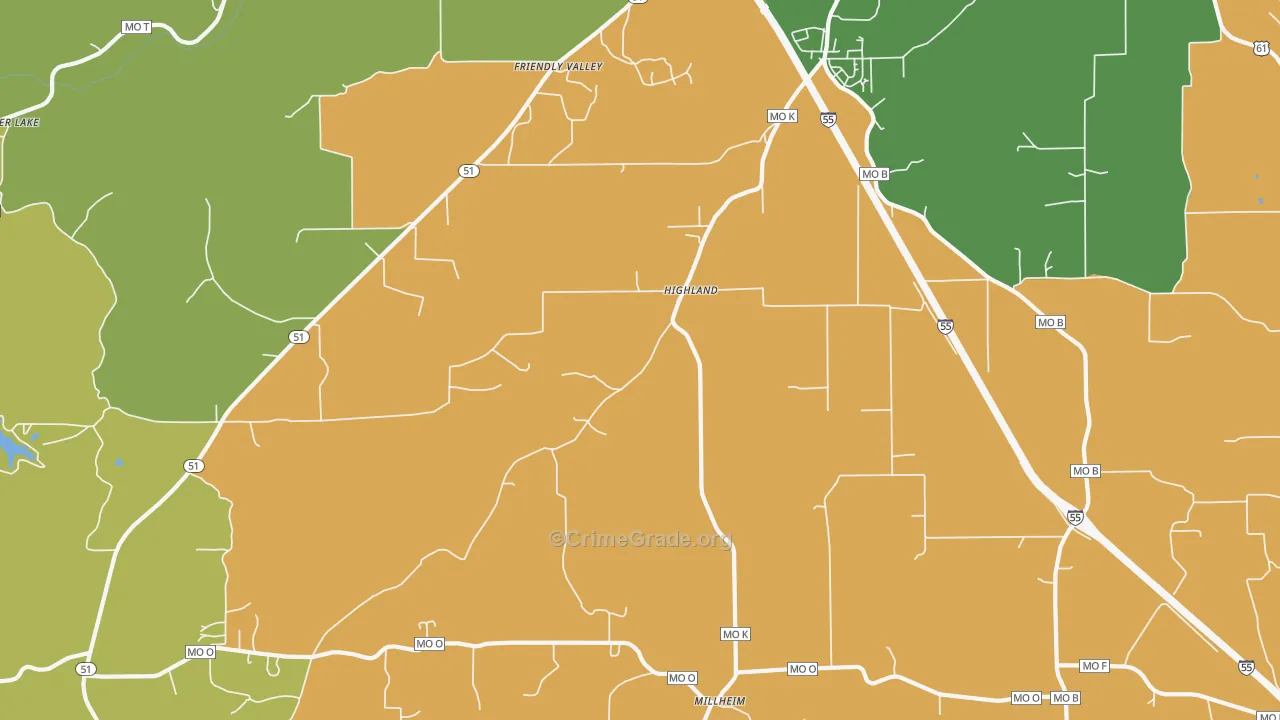 Highland, MO Map of Robbery Rates