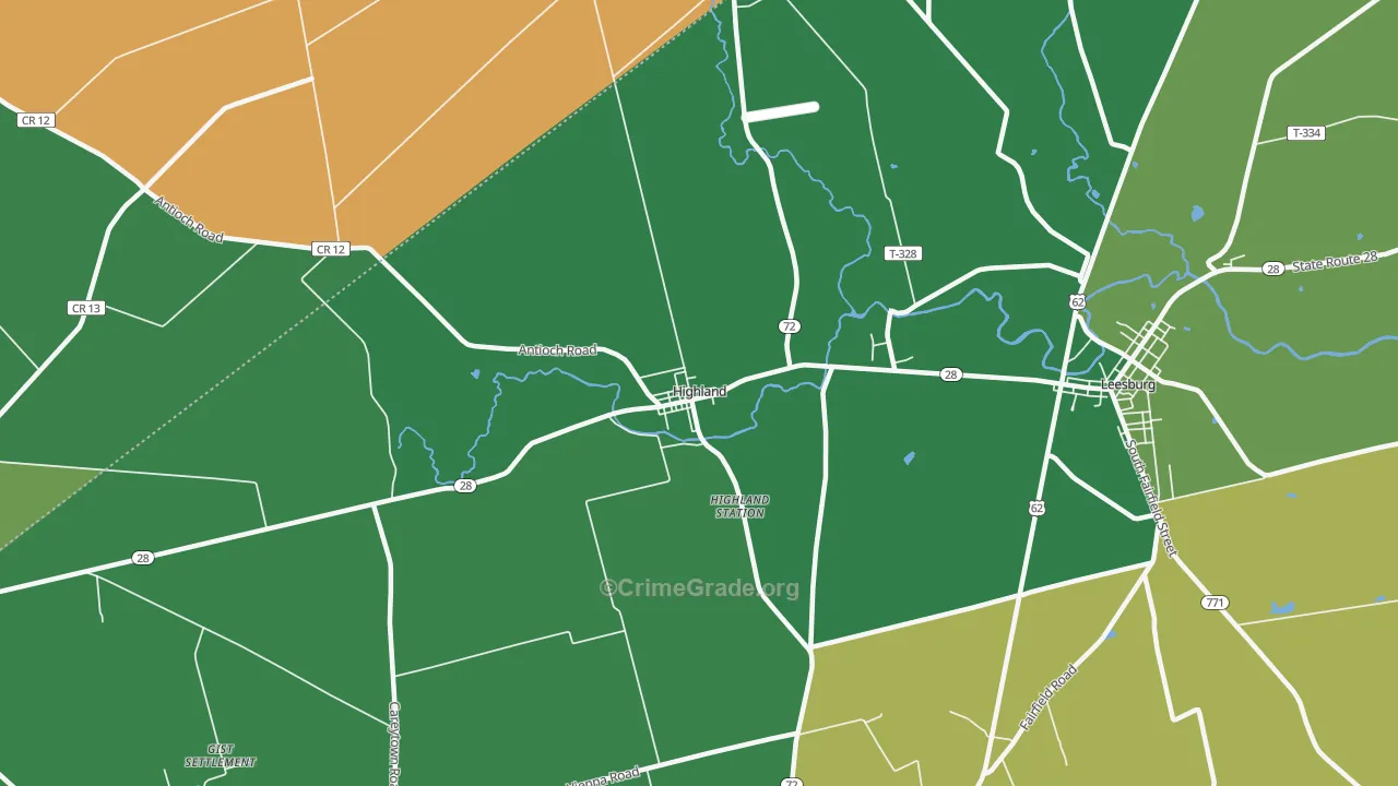 Highland, OH Map of Robbery Rates