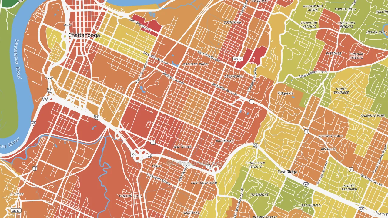 Highland Park, Chattanooga, TN Map of Robbery Rates