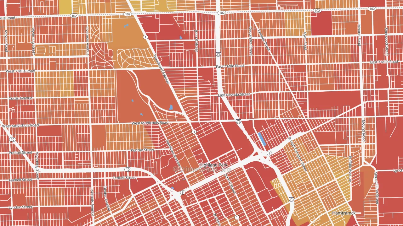 Highland Park, MI Map of Robbery Rates