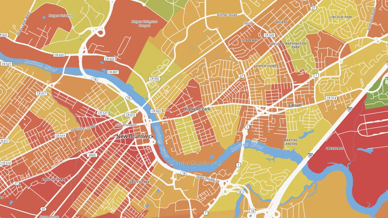 Highland Park, NJ Map of Robbery Rates