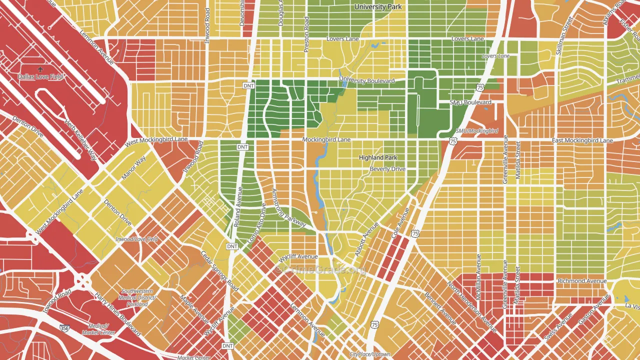 Highland Park, TX Map of Robbery Rates