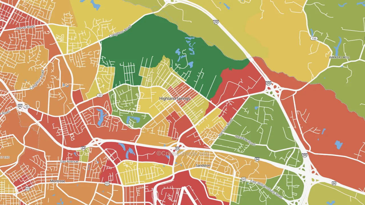 Highland Springs, VA Map of Robbery Rates