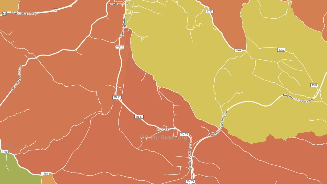 Highland, TN Map of Robbery Rates