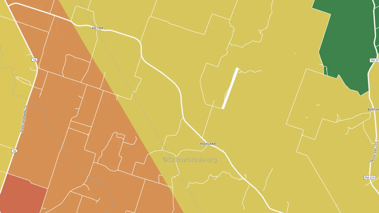 Highland, TX Map of Robbery Rates