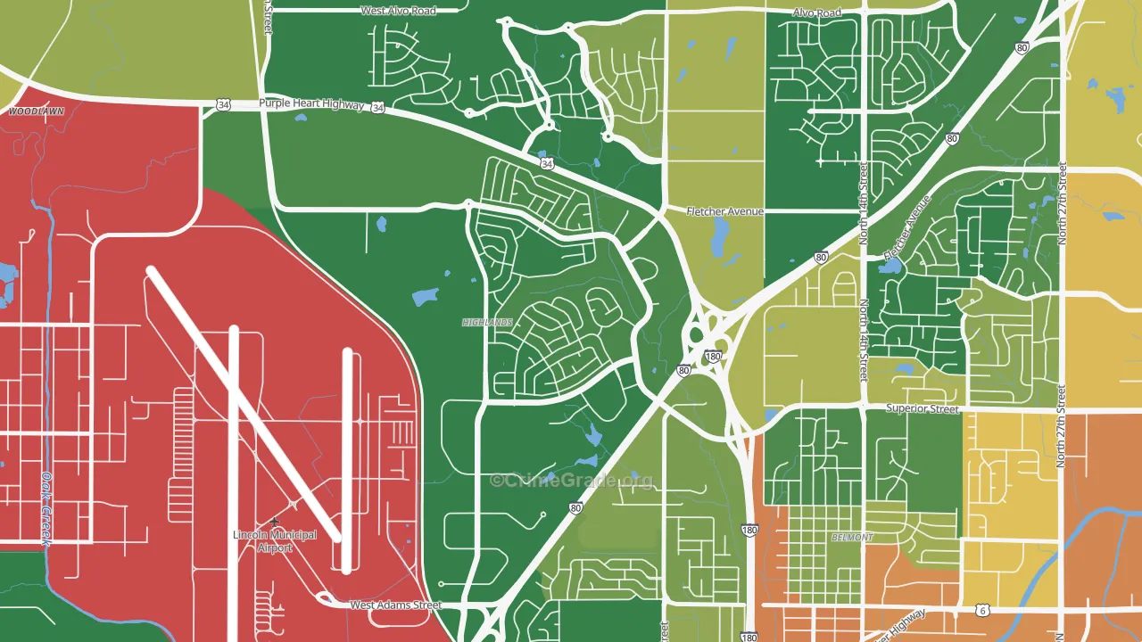Highlands, Lincoln, NE Map of Robbery Rates