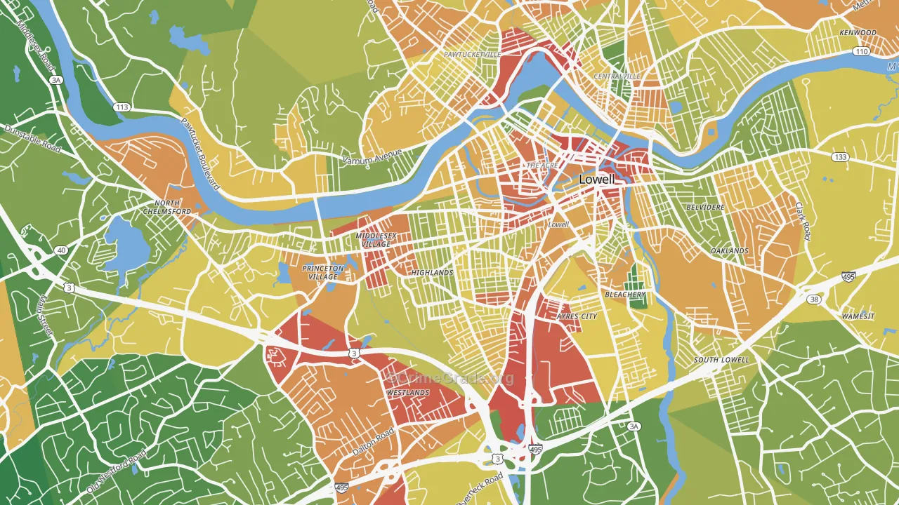 Highlands, Lowell, MA Map of Robbery Rates