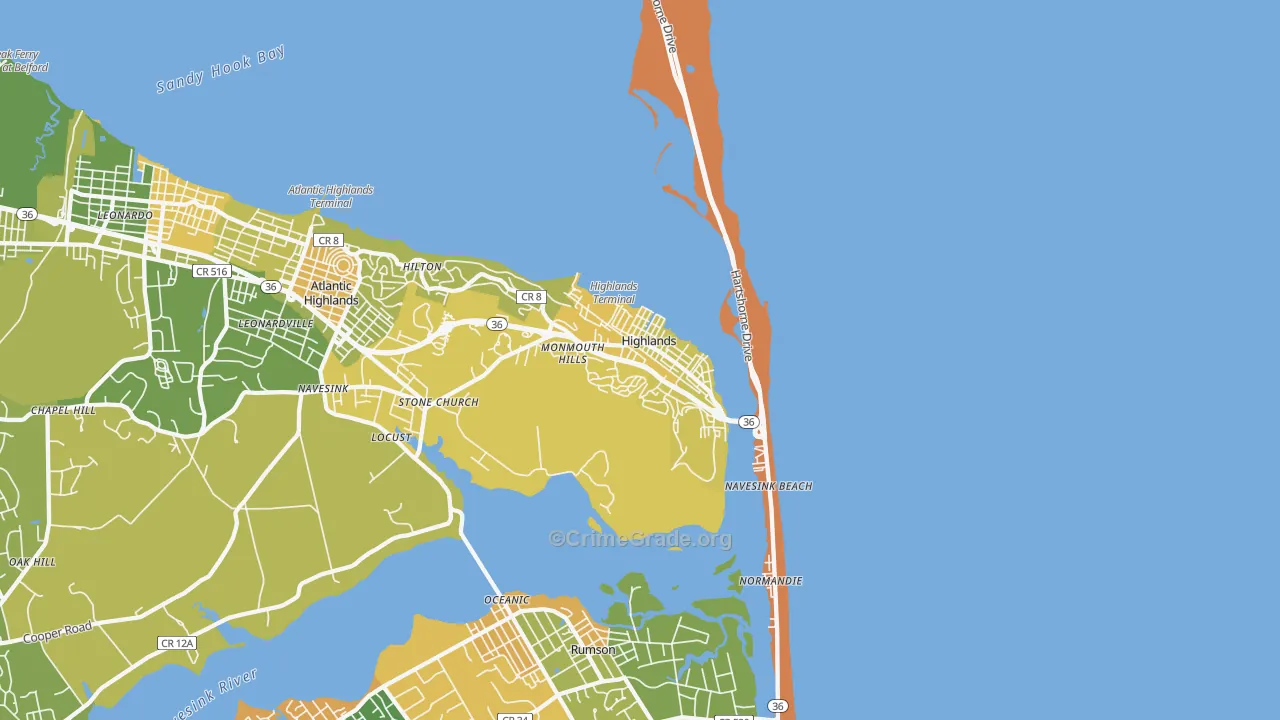 Highlands, NJ Map of Robbery Rates