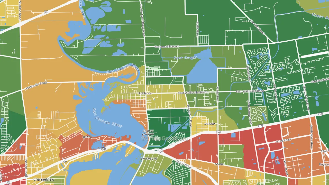 Highlands, TX Map of Robbery Rates