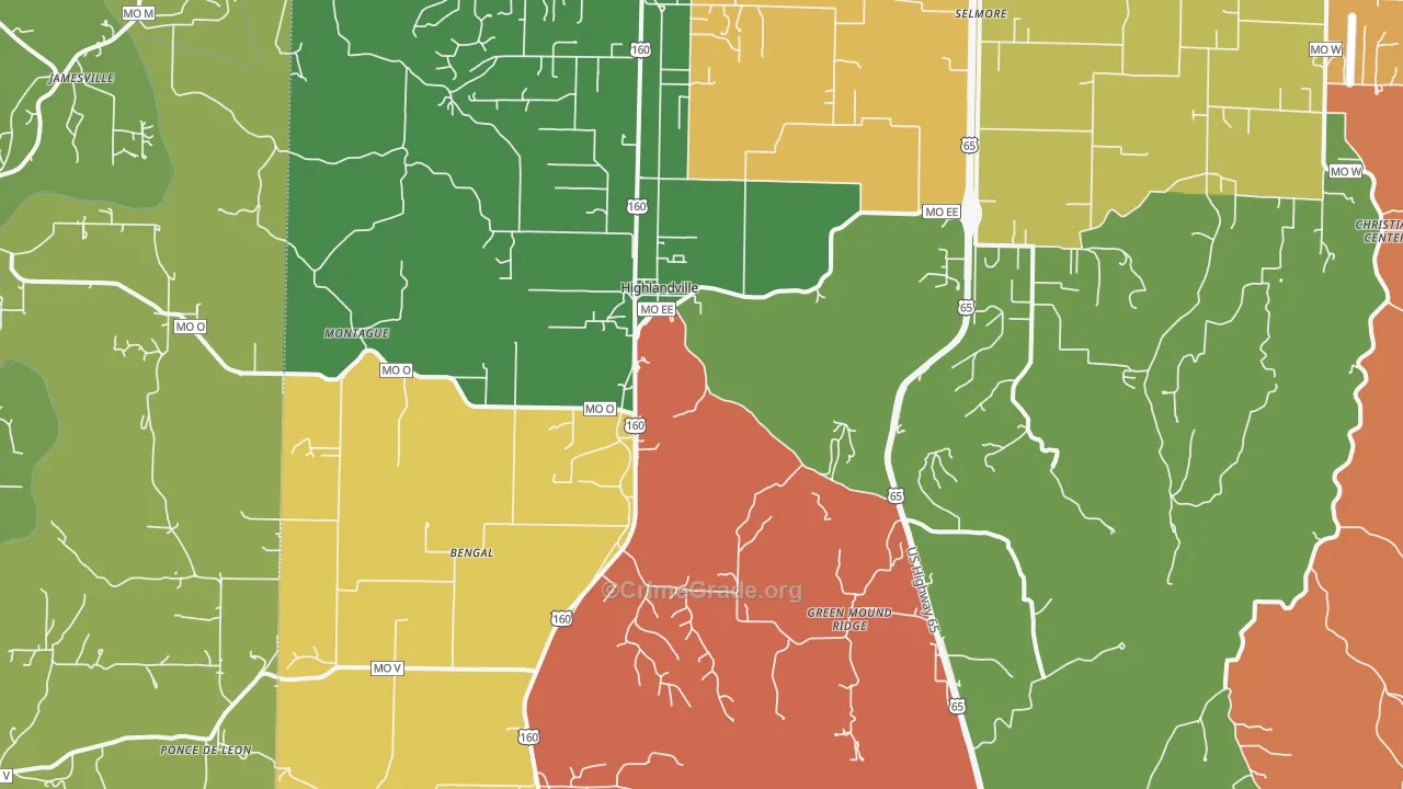 Highlandville, MO Map of Robbery Rates