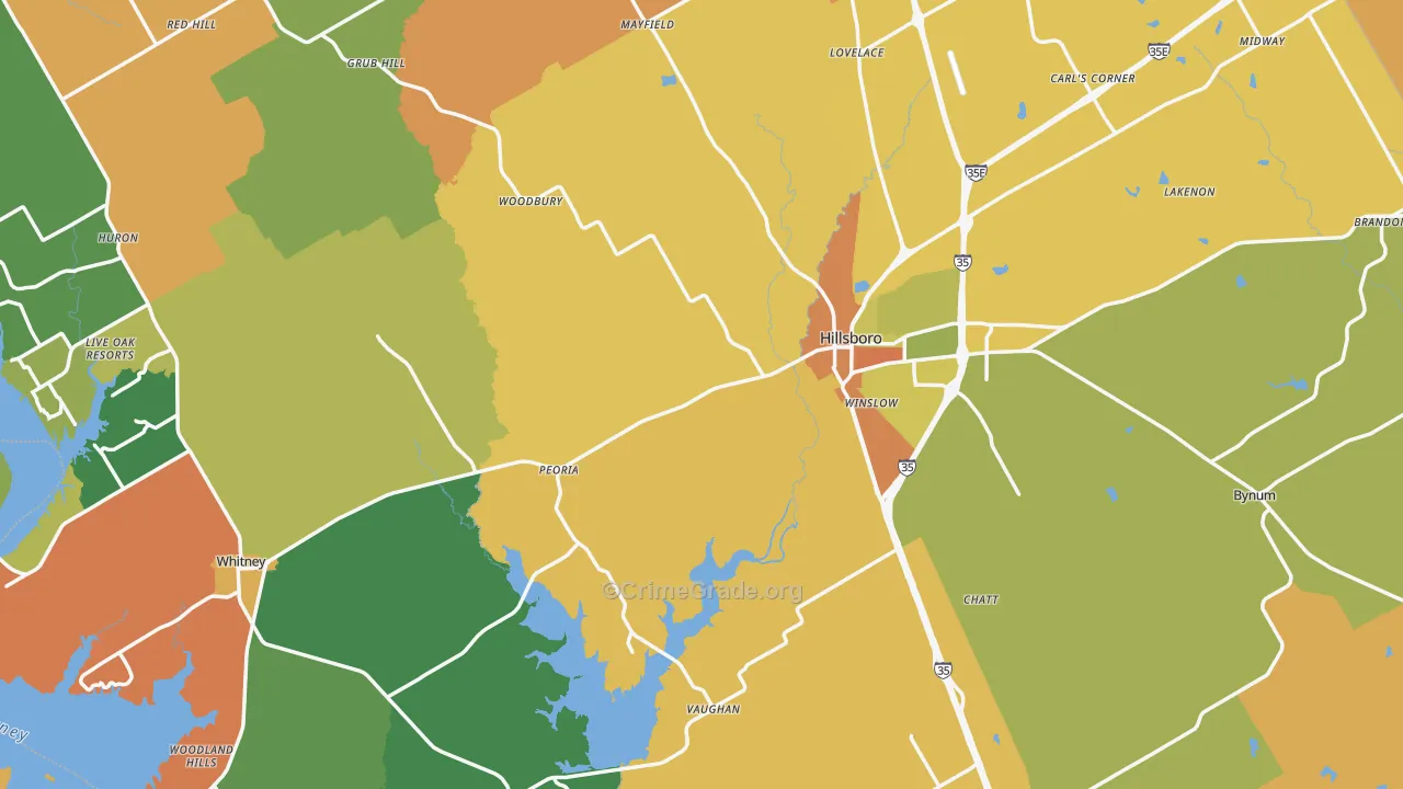 Hill County, TX Map of Robbery Rates