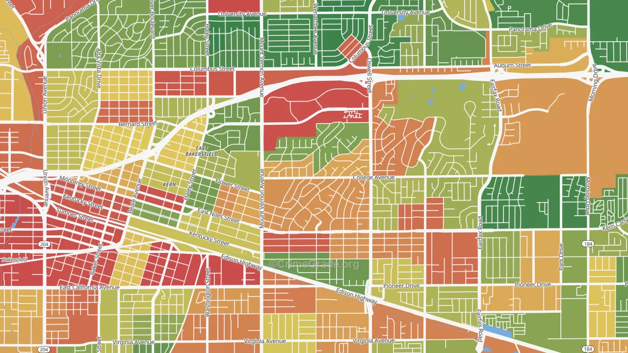 Hillcrest-Bakersfield, Bakersfield, CA Map of Robbery Rates