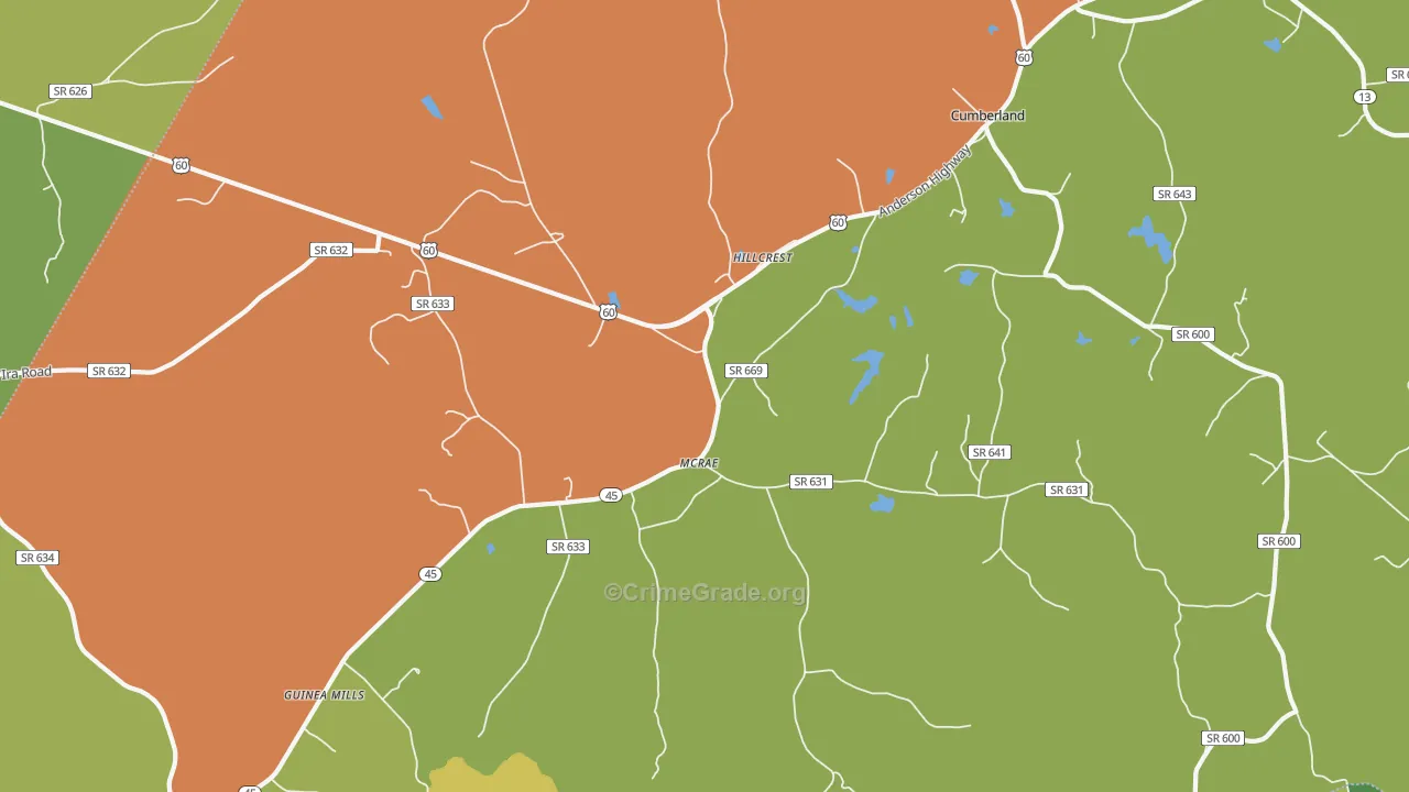 Hillcrest, VA Map of Robbery Rates