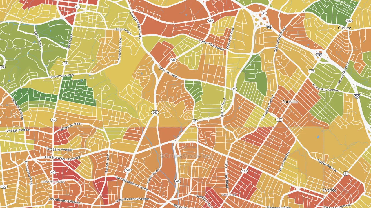 Hillendale, Parkville, MD Map of Robbery Rates