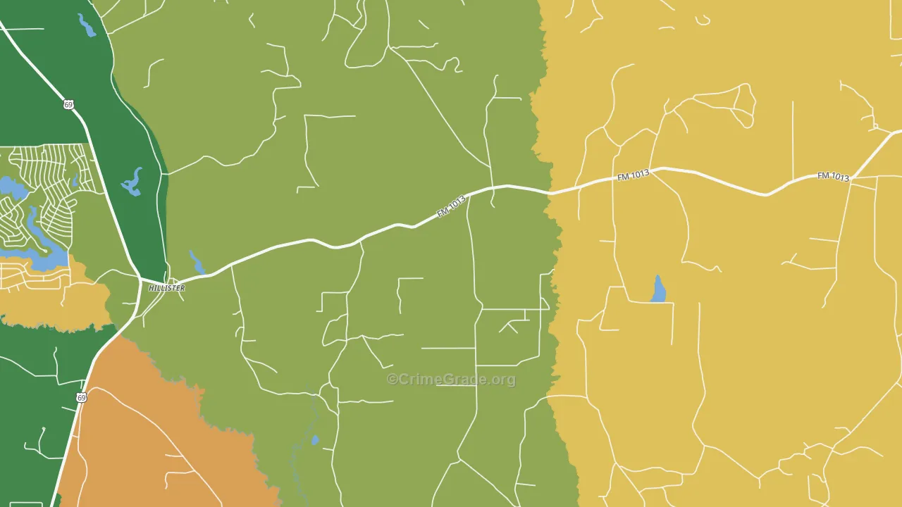 Hillister, TX Map of Robbery Rates