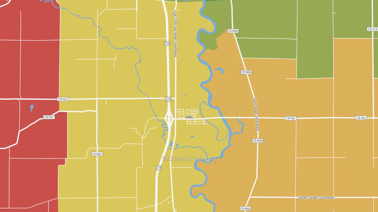Hills, IA Map of Robbery Rates