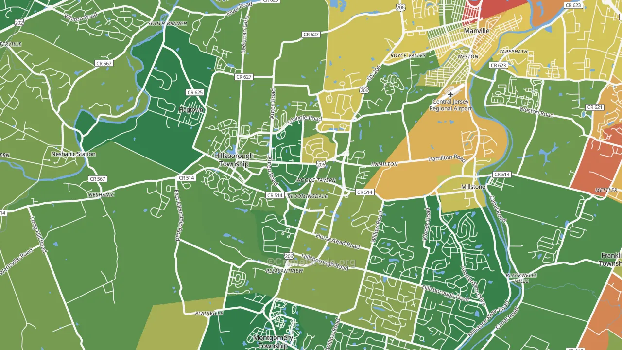 Hillsborough, NJ Map of Robbery Rates