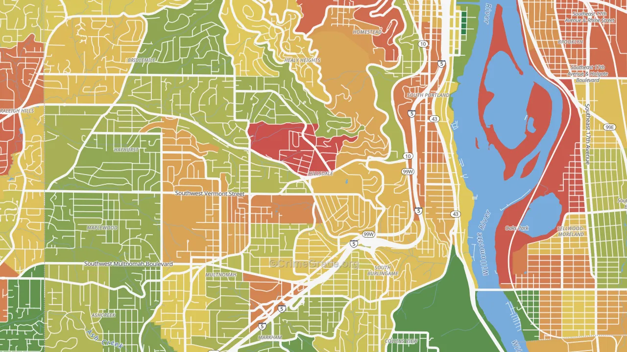 Hillsdale, Portland, OR Map of Robbery Rates