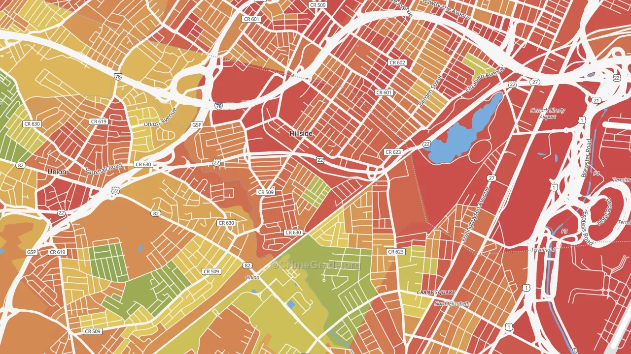 Hillside, NJ Map of Robbery Rates