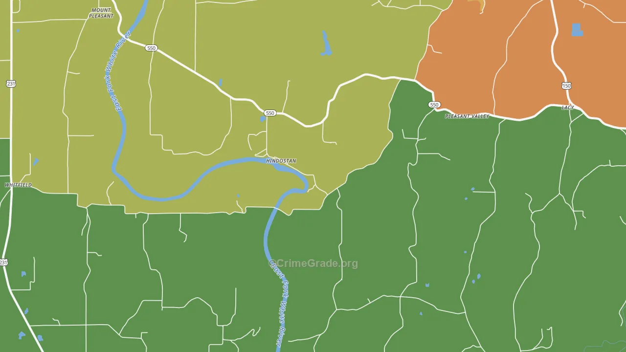 Hindostan Falls, IN Map of Robbery Rates