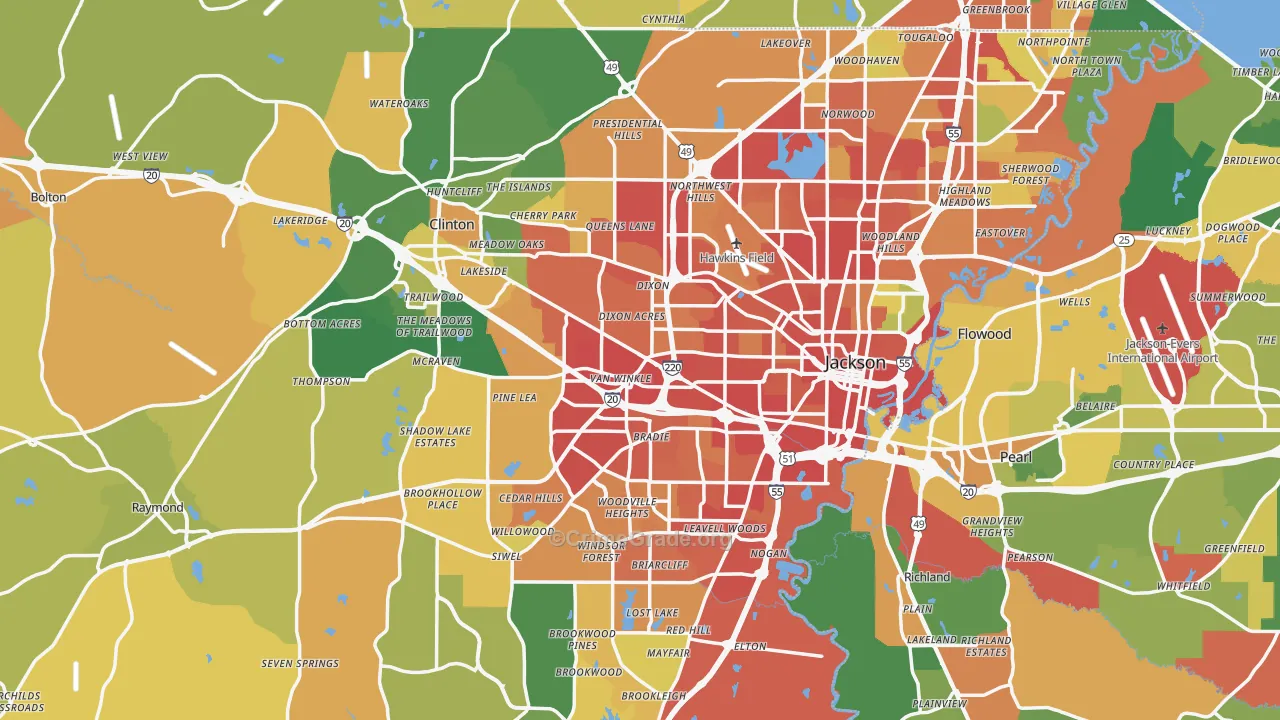 Hinds County, MS Map of Robbery Rates
